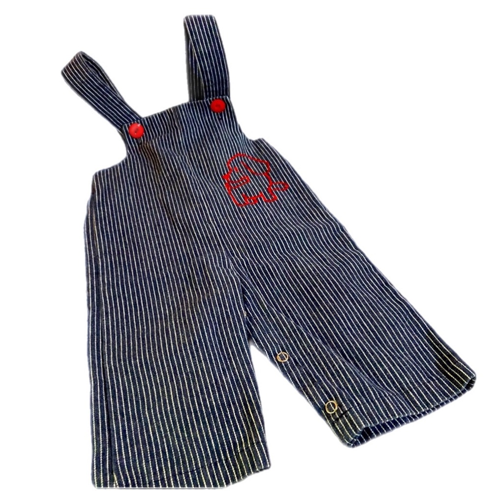 Vintage Baby Bib Overalls Romper Sz 12 Months Striped Embroidered Red Dog/Puppy